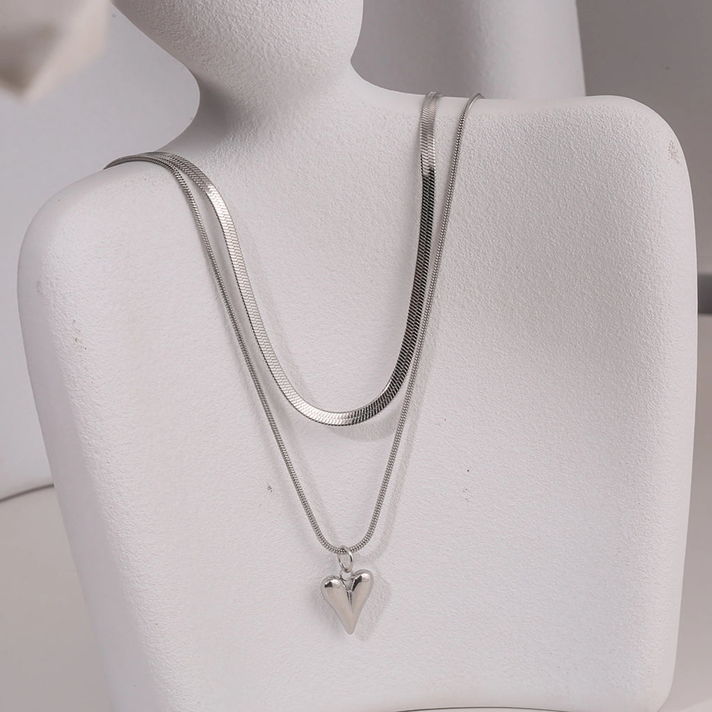 Silver Heart Layered Pendant Necklace