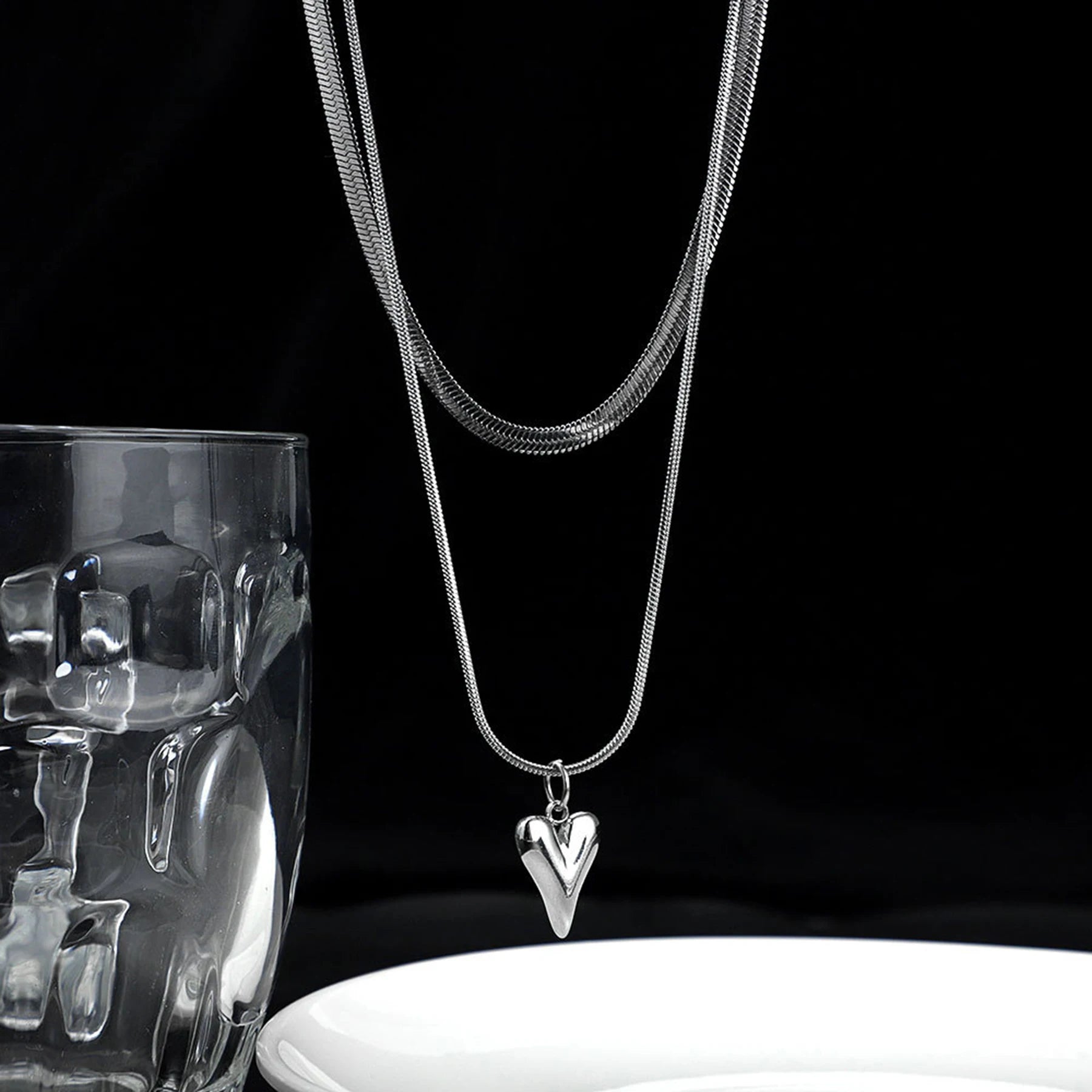 Silver Heart Layered Pendant Necklace