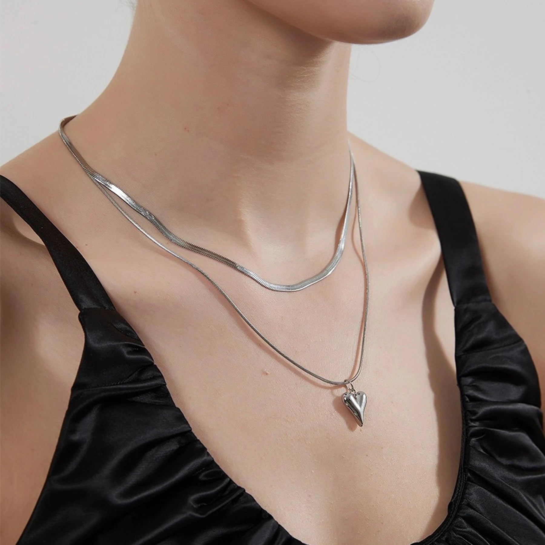 Double layer stainless steel heart pendant necklace gold for women
