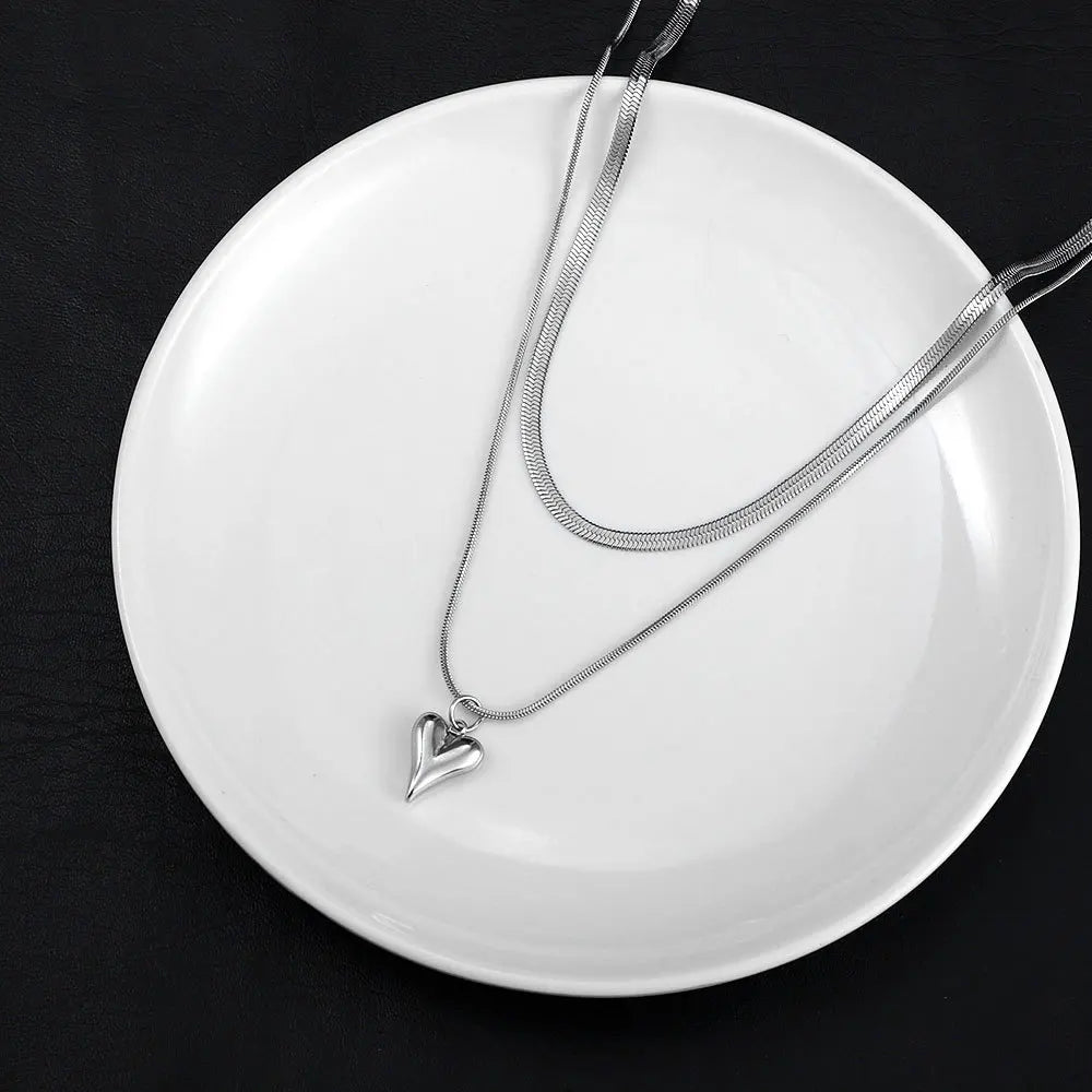 Silver Heart Layered Pendant Necklace